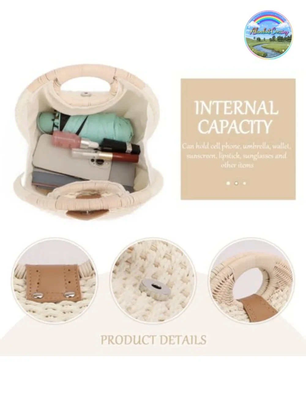 Handmade Woven Rattan Straw Tote Bag Round Handle Beach Purse
